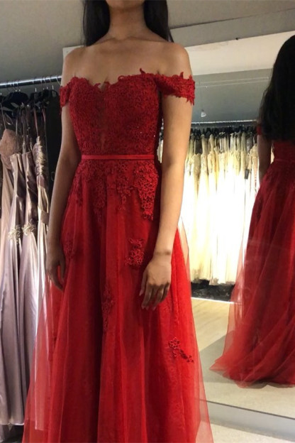 Elegant Long A-line Off The Shoulder Tulle Prom Dresses with Lace Appliques - YESBABYONLINE