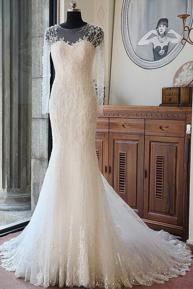 Gorgeous Long Sleeves Mermaid Tulle Applique Lace Wedding Dresses - YESBABYONLINE
