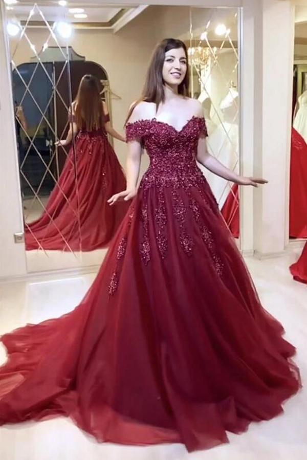 Stunning Long Off-the-shoulder Appliques Lace A-line Tulle Prom Dress - YESBABYONLINE