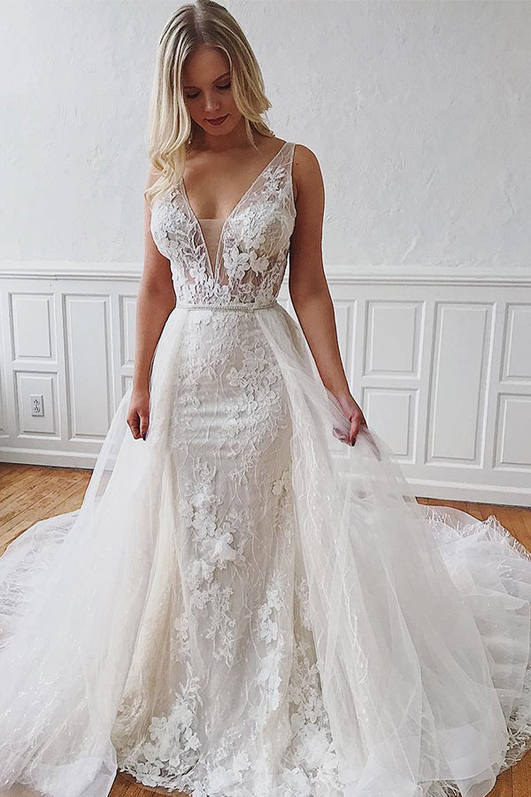 Long V-Neck Lace Mermaid Tulle Lace Wedding Dresses - YESBABYONLINE