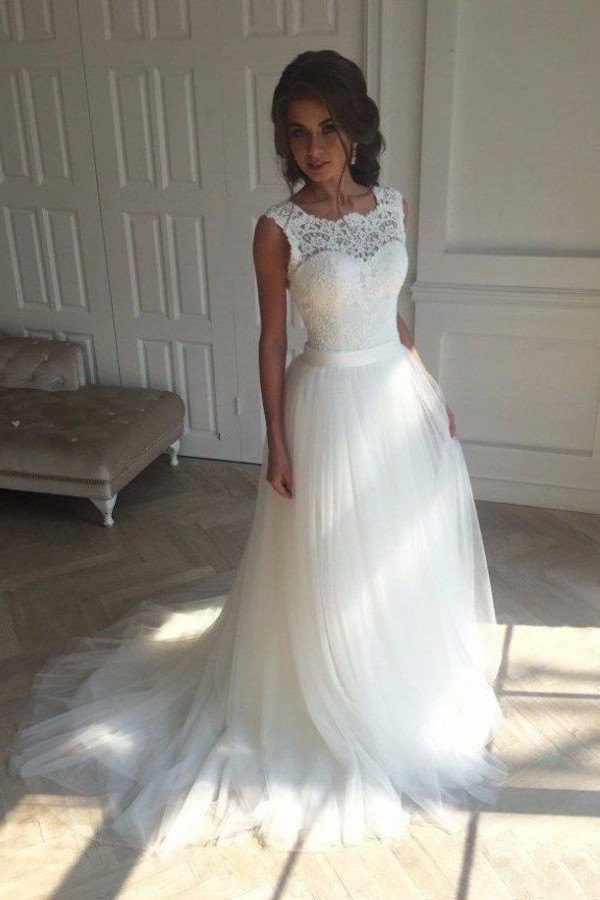 Simple Long Open Back Sleeveless Tulle Lace A-line Backless Wedding Dresses - YESBABYONLINE