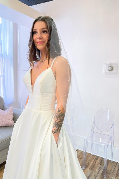 Long A-Line Satin Spaghetti Straps Sweetheart Open Back Wedding Dress With Pockets - YESBABYONLINE