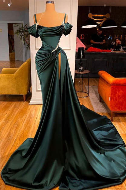 Sexy Dark Green Long Mermaid Off the shoulder Satin Prom Dresses with Slit - YESBABYONLINE