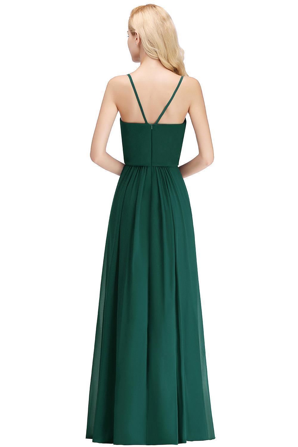 Dark Green Long Chiffon A Line Spaghetti Straps Chiffon Bridesmaid Dress - YESBABYONLINE