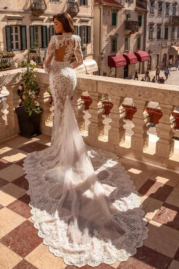 Long Sleeves Mermaid High Neck Lace Wedding Dress with Train - YESBABYONLINE