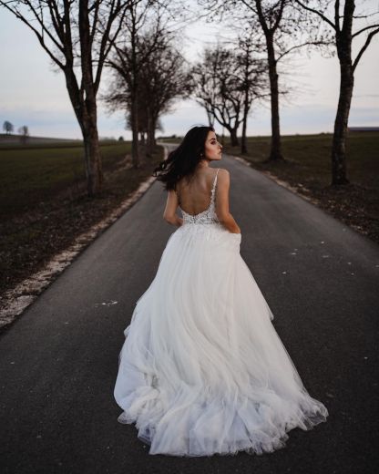 Long A line V-neck Spaghetti Straps Tulle Lace Appliques Backless Wedding Dresses - YESBABYONLINE