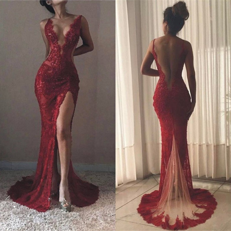 Sexy Long Mermaid Lace V neck Sleeveless Prom Dress with Front Split - YESBABYONLINE