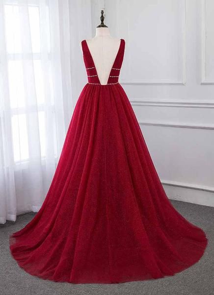 Long A-Line V-Neck Sleeveless Tulle Backless Prom Dresses - YESBABYONLINE