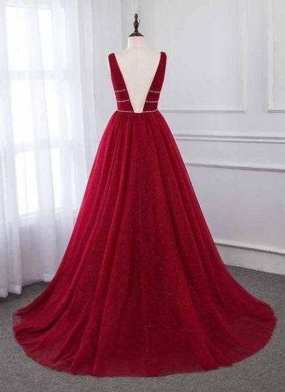 Long A-Line V-Neck Sleeveless Tulle Backless Prom Dresses - YESBABYONLINE