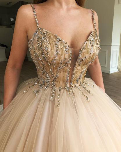 Glamorous Long Ball Gown Spaghetti Straps Sleeveless Beaded ChampagneProm Dresses - YESBABYONLINE