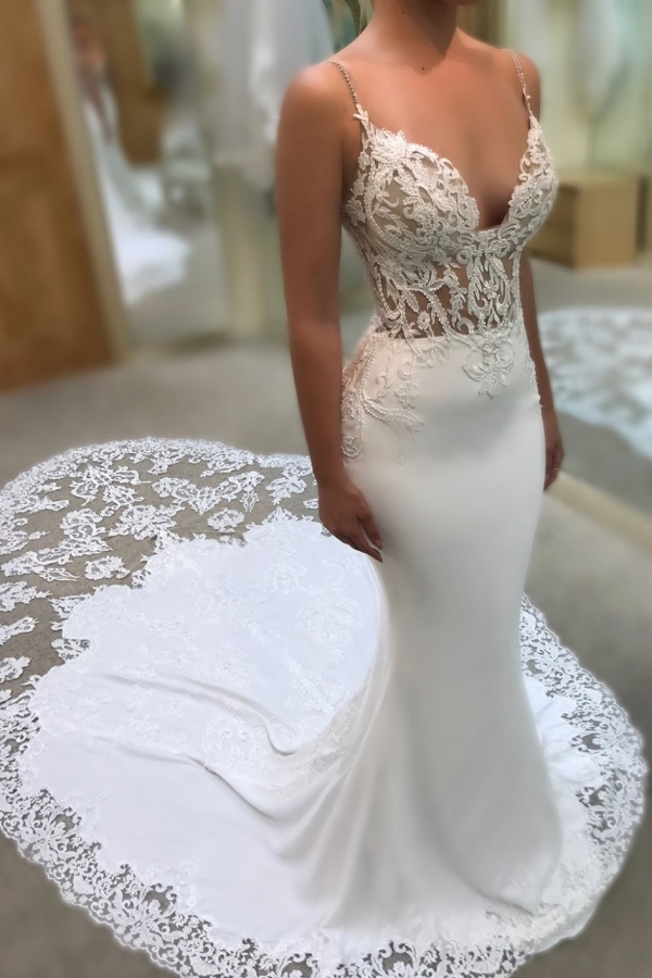 Long Mermaid Sweetheart Spaghetti Straps Lace Appliques Wedding Dresses - YESBABYONLINE