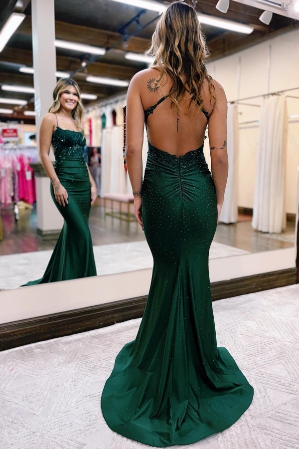 Dark Green Long Mermaid Spaghetti Straps Backless Floor Length Prom Dress - YESBABYONLINE