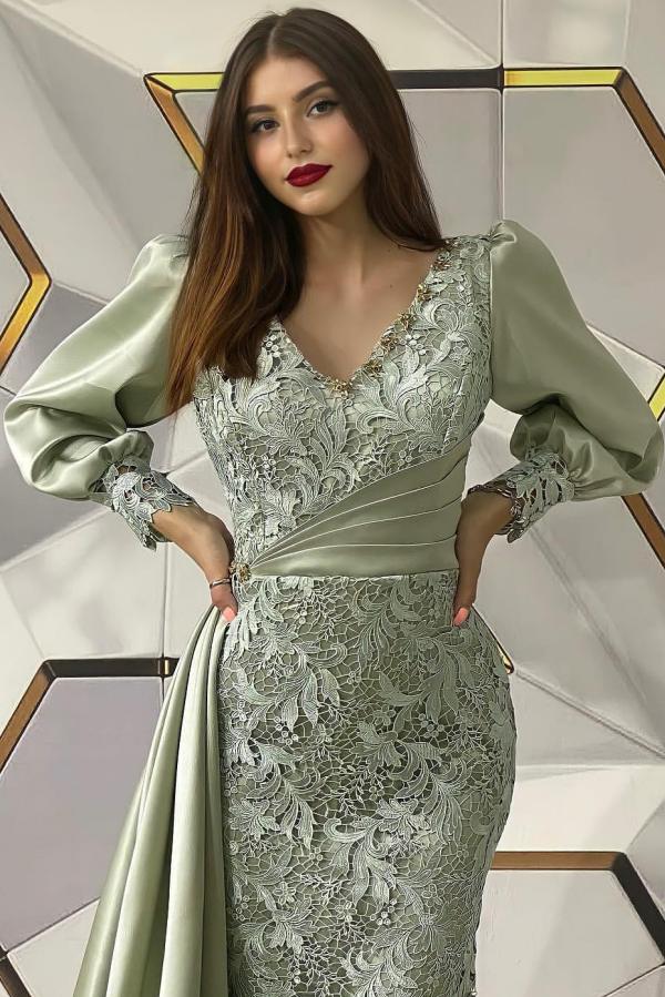 Exquisite V-Neck A-Line Long Sleeves Floor-Length Mermaid Prom Dresses with Ruffles - YESBABYONLINE