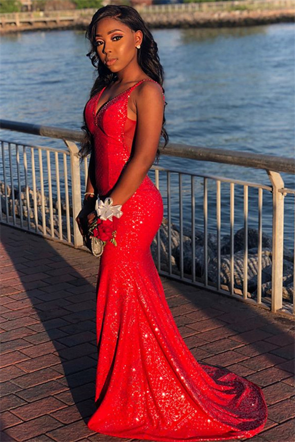 Gorgeous Red Long Sequins Mermaid Spaghetti Straps V-neck Prom Dresses - YESBABYONLINE