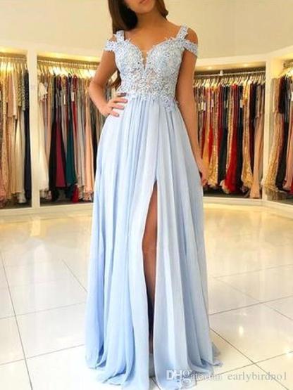 Elegant Sky Blue Long A-line Chiffon Appliques Lace Prom Dresses with Side Slit - YESBABYONLINE