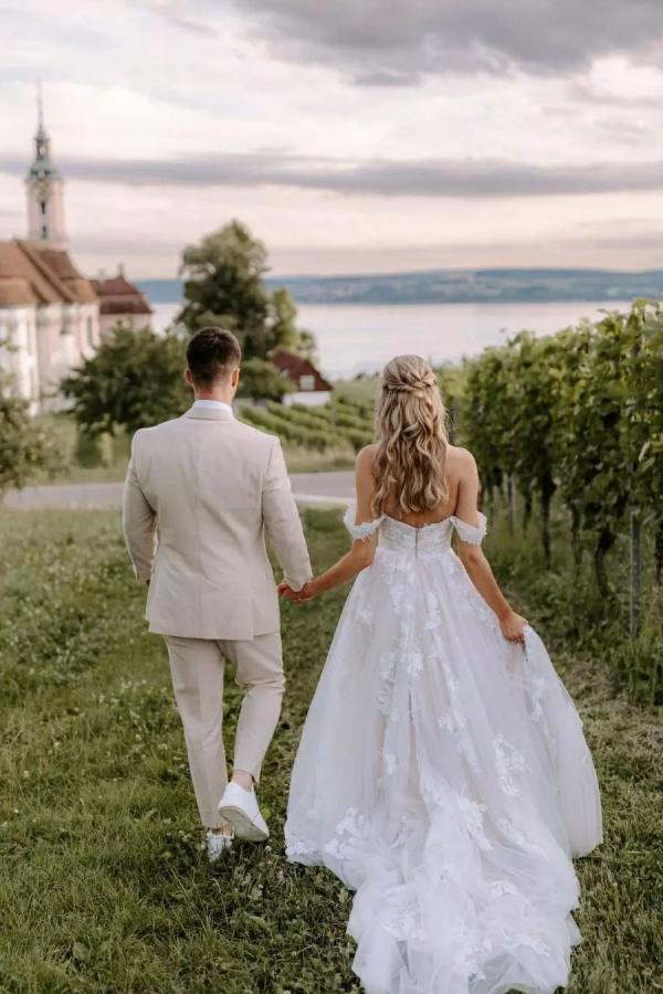 Elegant Long Off the Shoulder Satin Applique Lace Sleeveless A-Line Wedding Dresses - YESBABYONLINE