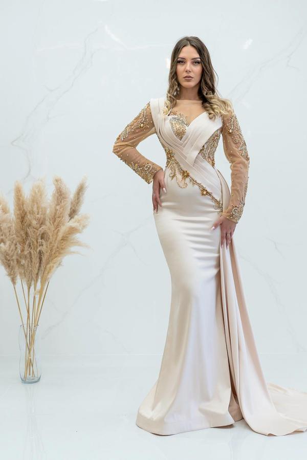 Long sleeve mermaid V-neck floor length satin prom dress with lace appliques