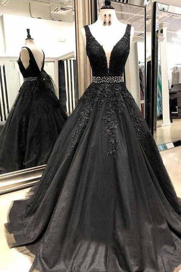 Long Black Tulle Appliques Lace A-Line Floor-length Prom Dress - YESBABYONLINE