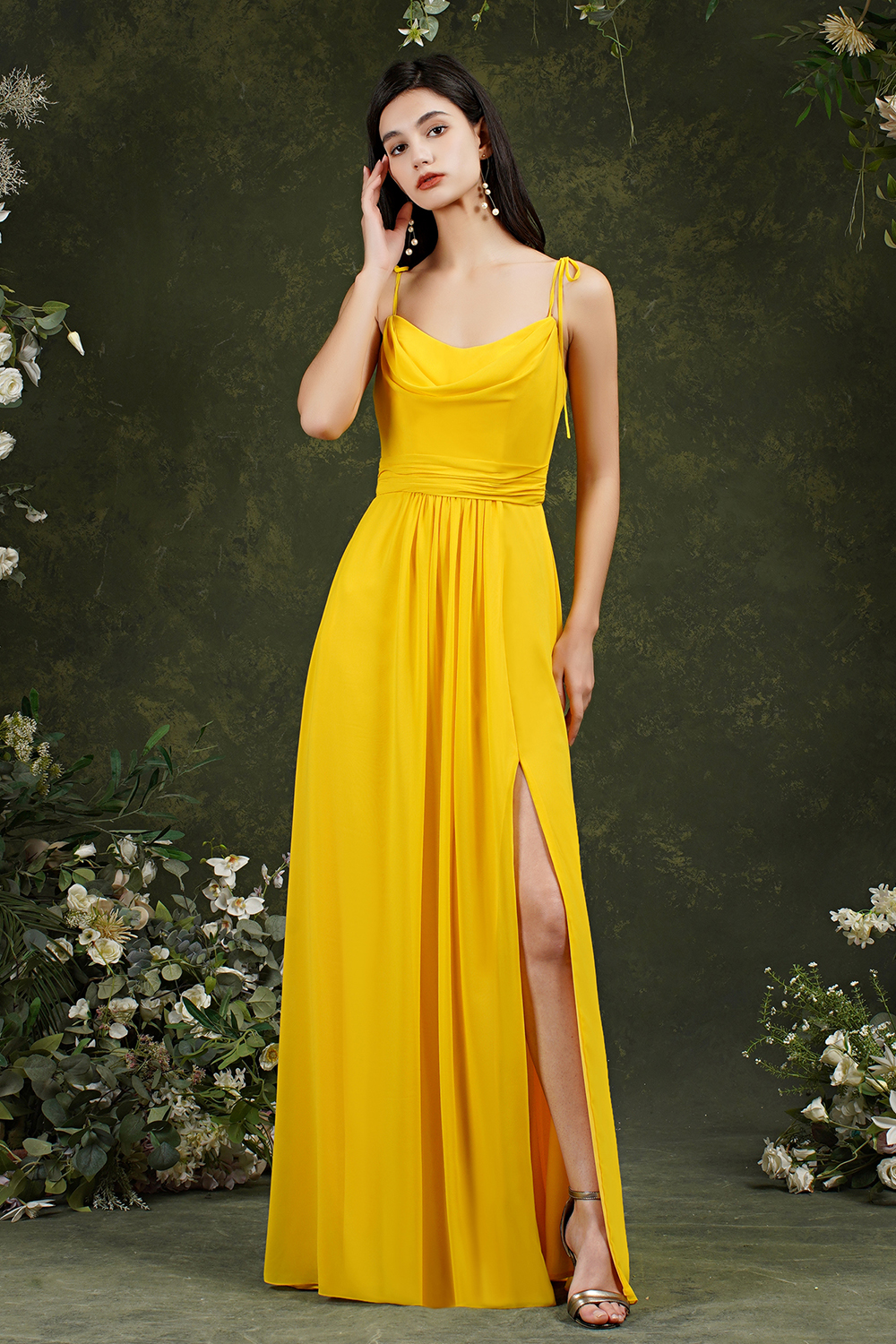 Long Chiffon Spaghetti Straps A line Backless Front Slit Bridesmaid Dress With Pockets - YESBABYONLINE