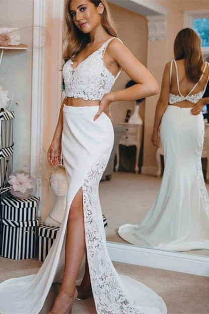 Sexy Two Pieces Long Mermaid V-neck Backless Satin Wedding Dresses with Side Slit - YESBABYONLINE
