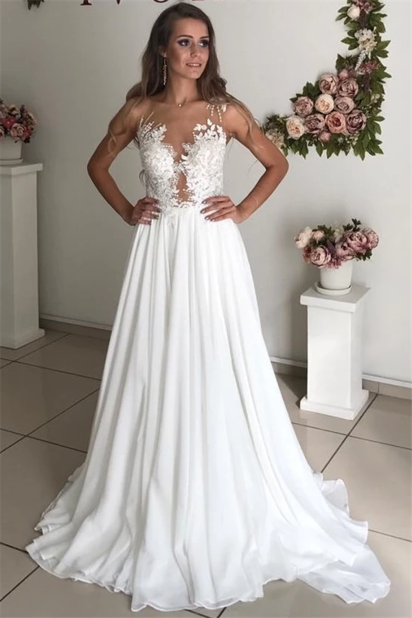 Elegant Long A-line V-neck Straps Applique Lace Backless Chiffon Wedding Dresses - YESBABYONLINE