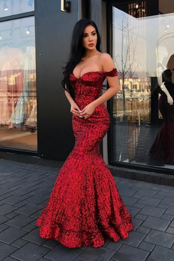 Sparkly Long Mermaid Off the Shoulder Sequined Evening Prom Dresses - YESBABYONLINE