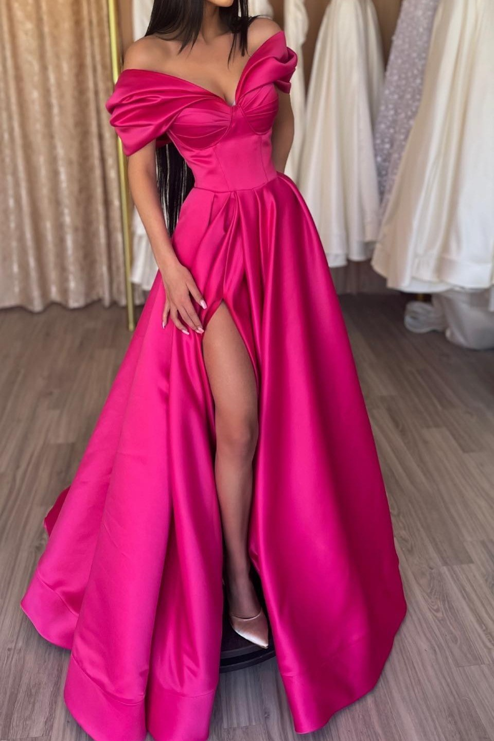 Off-the-shoulder floor-length satin A-line prom dress with a split