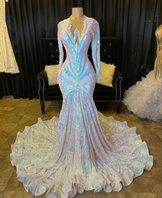 Shiny V-neck Long Sleeves Sequins Ruffles Floor-length Mermaid Prom Dress - YESBABYONLINE