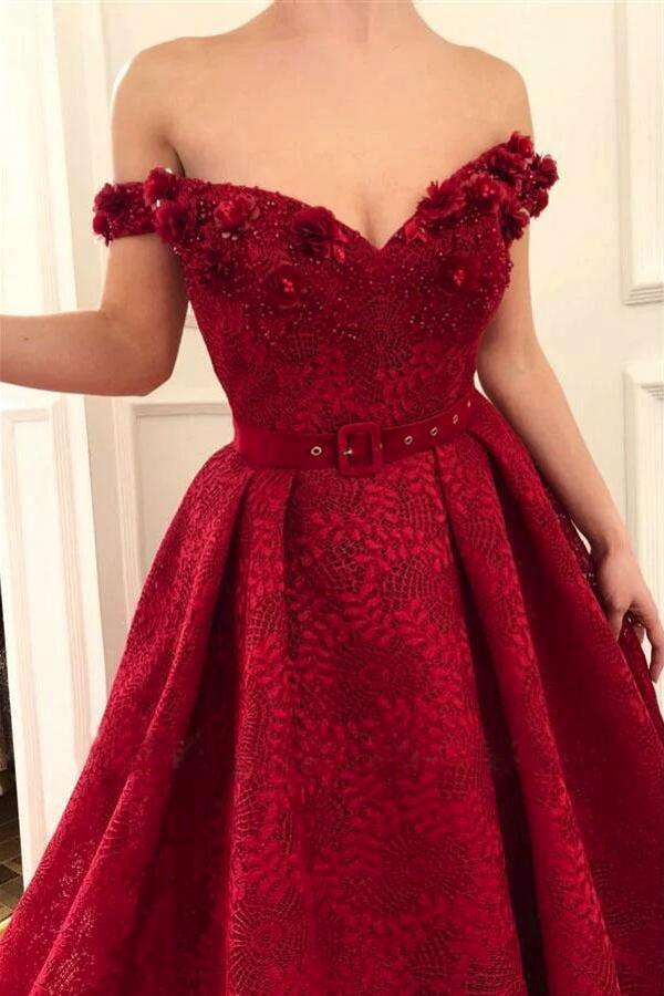 Elegant Long Off the Shoulder A-Line Sleeveless Lace Prom Dresses - YESBABYONLINE