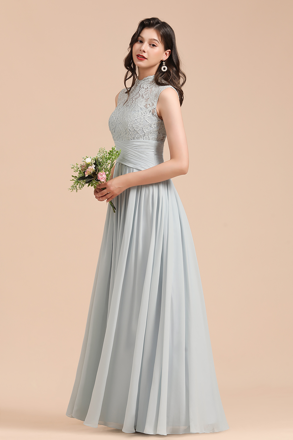 Long A-line High Neck Chiffon Lace Floor Length Bridesmaid Dresses - YESBABYONLINE