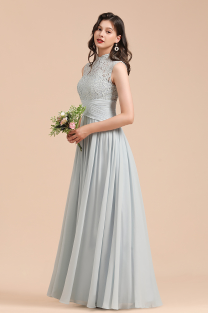 Long A-line High Neck Chiffon Lace Floor Length Bridesmaid Dresses - YESBABYONLINE
