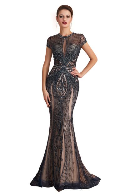 Elegant Long Mermaid Tulle Formal Prom Dresses with Cap Sleeves - YESBABYONLINE