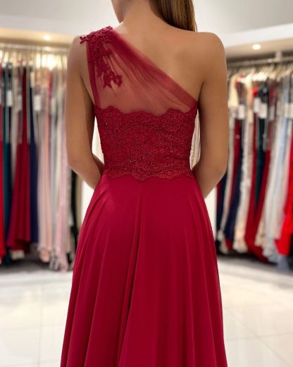 Elegant Long One Shoulder Appliques Lace Chiffon Ruffles Split A-Line Prom Dress - YESBABYONLINE