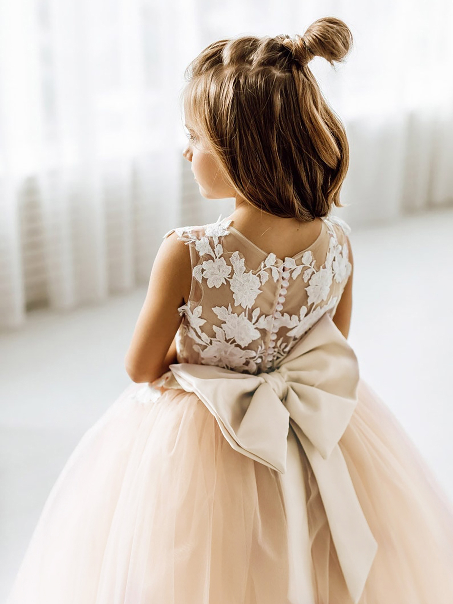 Cute Long Ball Gown Lace Sleeveless Tulle Flower Girl Dress with Bow - YESBABYONLINE