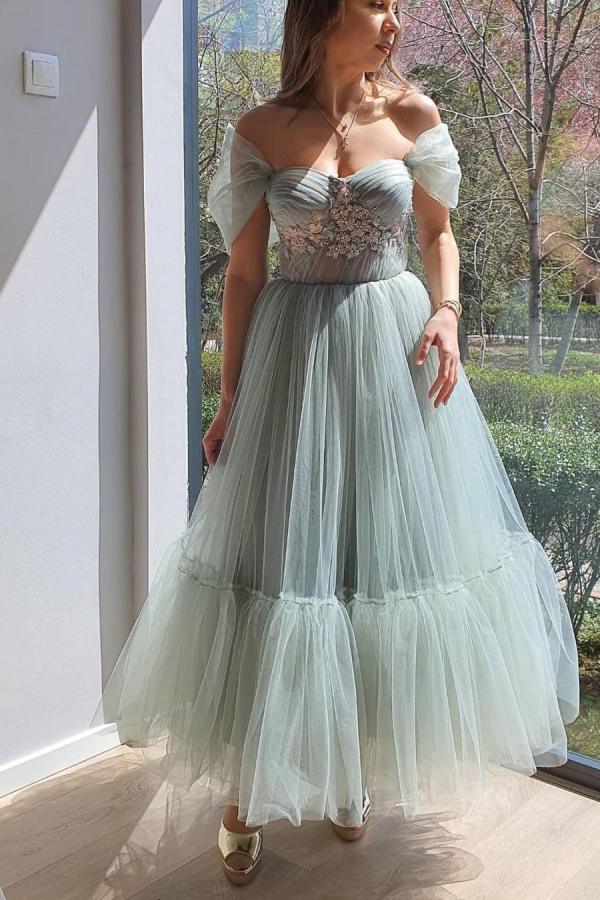 Luxury Long A-line Off The Shoulder Tulle Ruffles Formal Prom Dresses - YESBABYONLINE