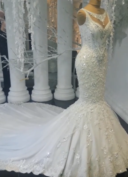 Charming Long Mermaid Sweetheart Tulle Sleeveless Wedding Dresses - YESBABYONLINE