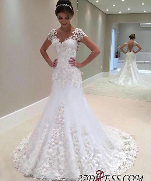 White Long Mermaid Sweetheart Appliques Lace Backless Wedding Dress - YESBABYONLINE