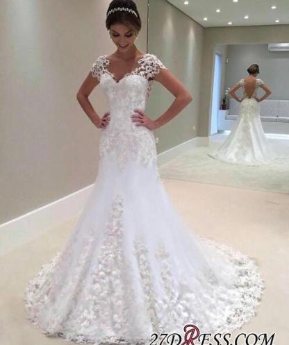 White Long Mermaid Sweetheart Appliques Lace Backless Wedding Dress - YESBABYONLINE