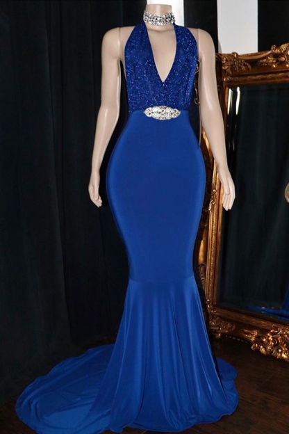 Sexy Long Mermaid Halter Sleeveless Backless Prom Dresses - YESBABYONLINE