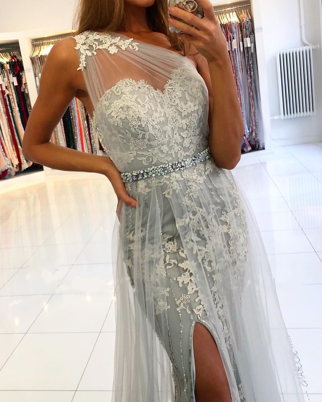 Unique Long One Shoulder  Tulle Train Mermaid Prom Dress with Side Split - YESBABYONLINE