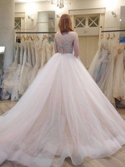 Long Ball Gown Spaghetti Straps Sleeveless V-neck Tulle Wedding Dresses - YESBABYONLINE