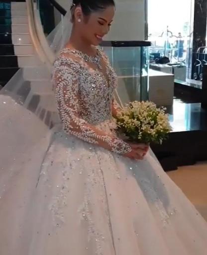 Long Ball Gown Round Neck Lace Appliques Tulle Wedding Dresses with Sleeves - YESBABYONLINE