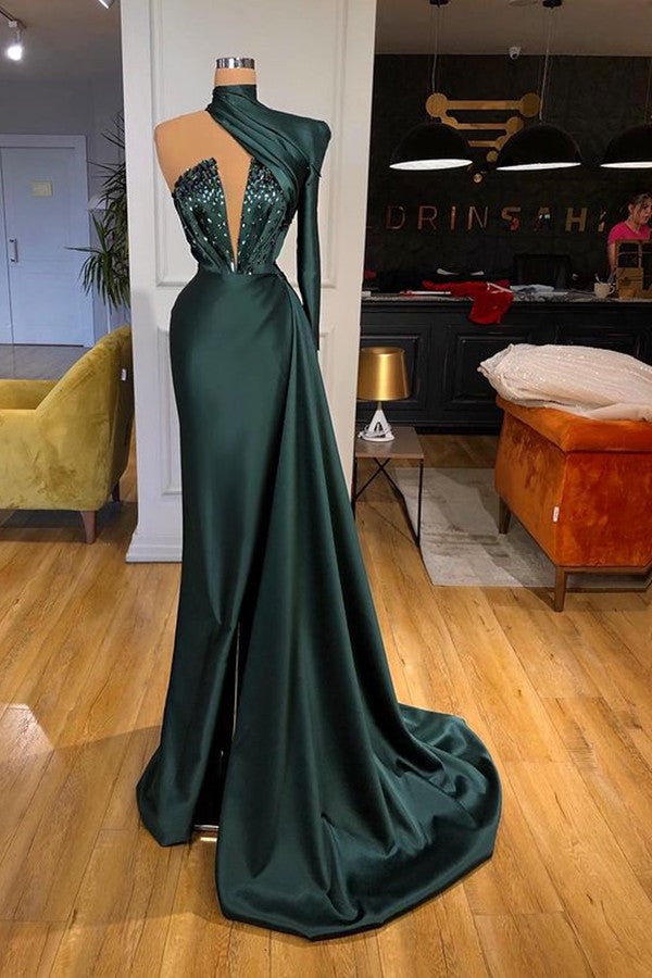 Long sleeve high neck one shoulder satin mermaid prom dress with a split