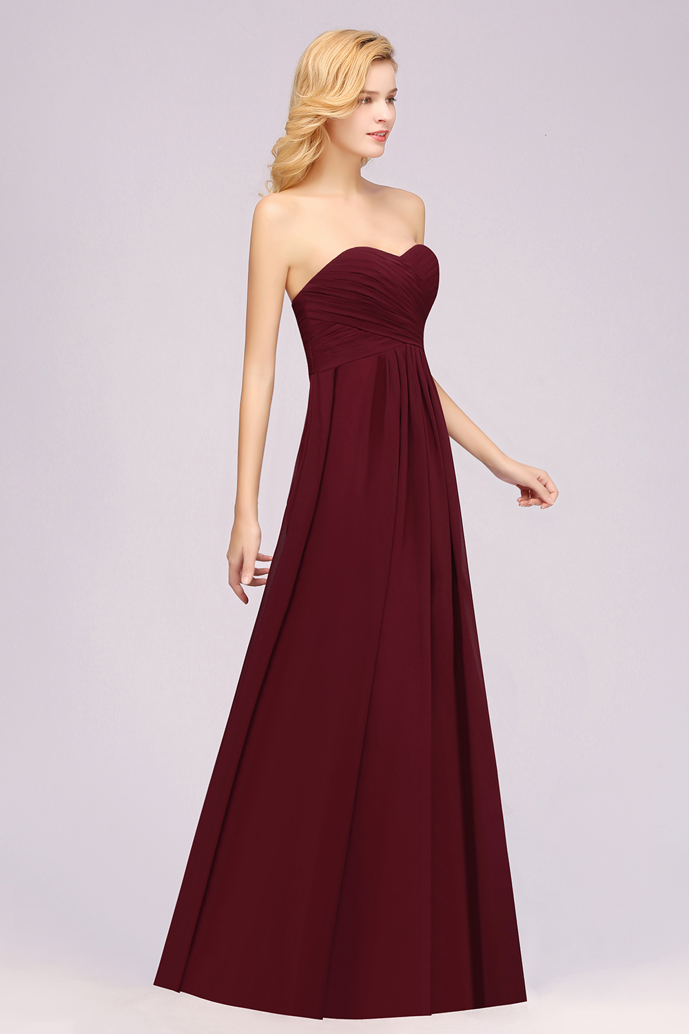 Long A Line Sweetheart Strapless Ruffles Floor Length Chiffon Bridesmaid Dress - YESBABYONLINE