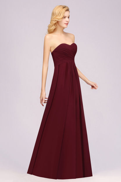 Long A Line Sweetheart Strapless Ruffles Floor Length Chiffon Bridesmaid Dress - YESBABYONLINE