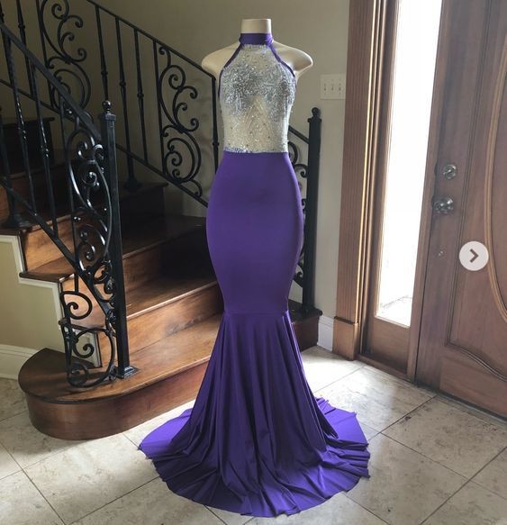 Sexy Long Mermaid High Neck Satin Lace Floor Length Prom Dresses - YESBABYONLINE