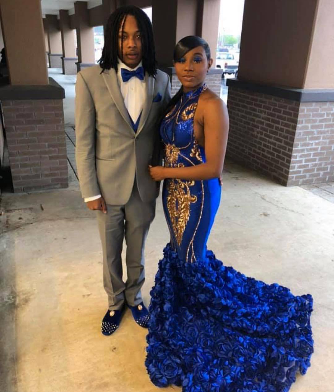 Royal Blue Long Mermaid Halter Sleeveless Flowers Prom Dresses - YESBABYONLINE