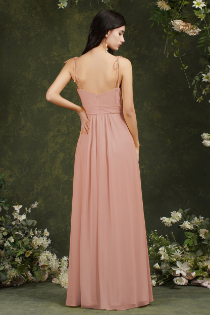 Long Chiffon Spaghetti Straps A line Backless Front Slit Bridesmaid Dress With Pockets - YESBABYONLINE