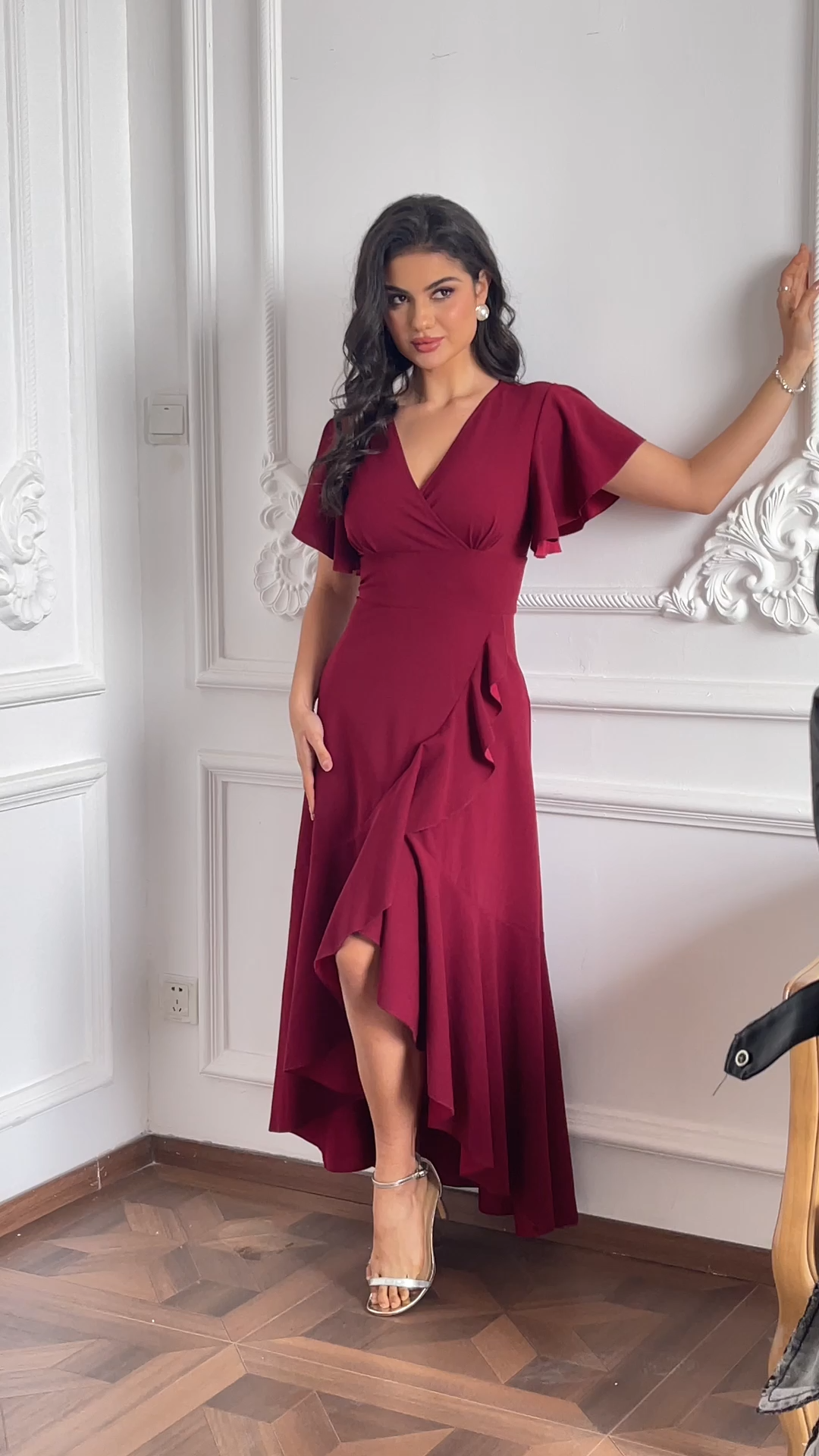 High Low A-line V-neck Chiffon Burgundy Wedding Guest Dresses