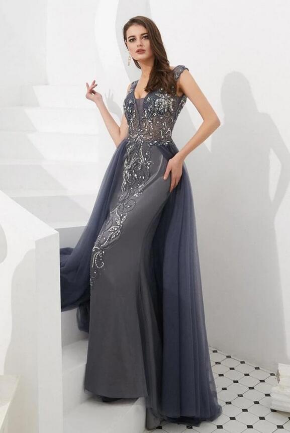 Stunning Long V-neck Appliques Lace Open Back Mermaid Prom Dress With Tulle Train - YESBABYONLINE